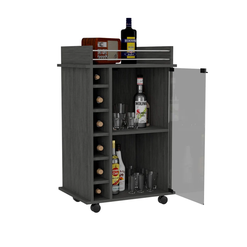 Carrito de Bar Dukat, con ruedas y puerta de cristal, Wengue/ Roble gris
