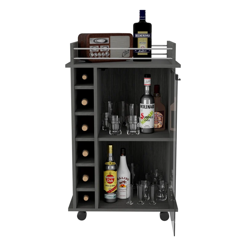 Carrito de Bar Dukat, con ruedas y puerta de cristal, Wengue/ Roble gris