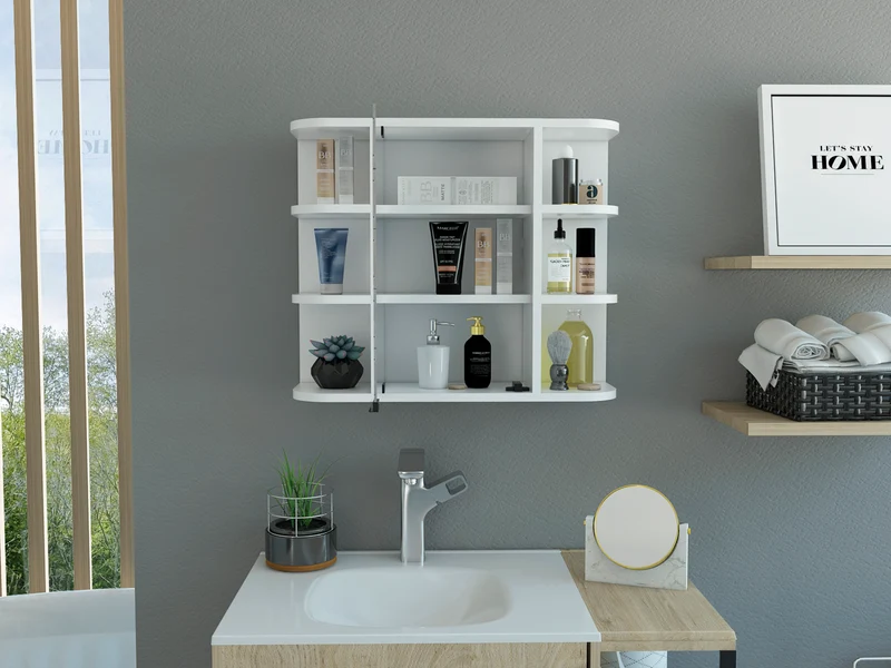 Armario de Pared para Baño Milán con Estantes y Espejo, Blanco Nevado/ Wengue