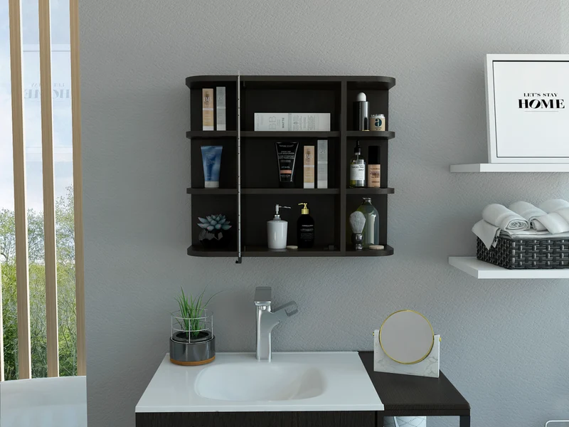 Armario de Pared para Baño Milán con Estantes y Espejo, Blanco Nevado/ Wengue
