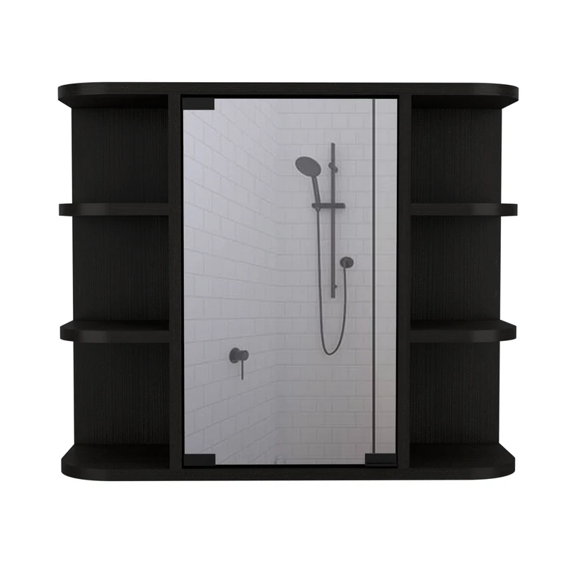 Armario de Pared para Baño Milán con Estantes y Espejo, Blanco Nevado/ Wengue