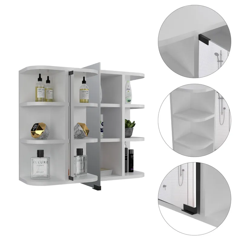 Armario de Pared para Baño Milán con Estantes y Espejo, Blanco Nevado/ Wengue