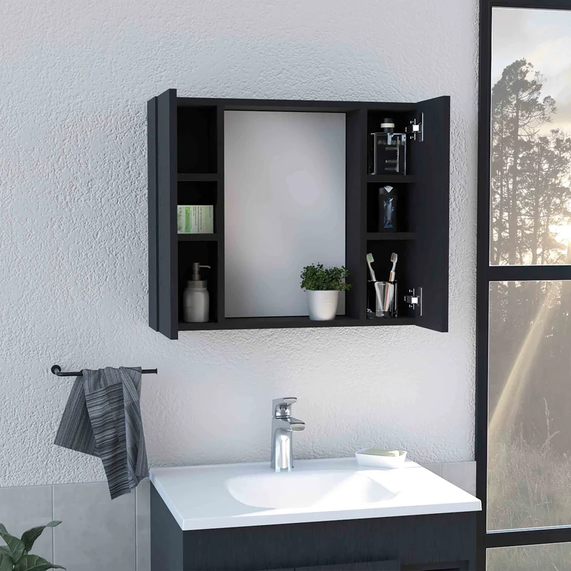 Armario Artemisa para Baño con Espejo Central y Almacenamiento Multi-Estante, Wengue