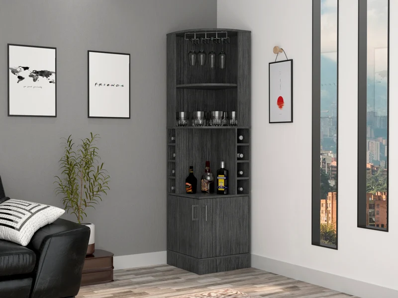 Mueble bar esquinero Syrah, con soporte para copas, Roble Gris