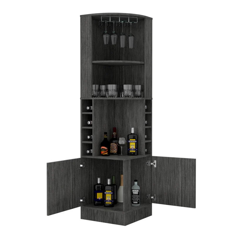 Mueble bar esquinero Syrah, con soporte para copas, Roble Gris