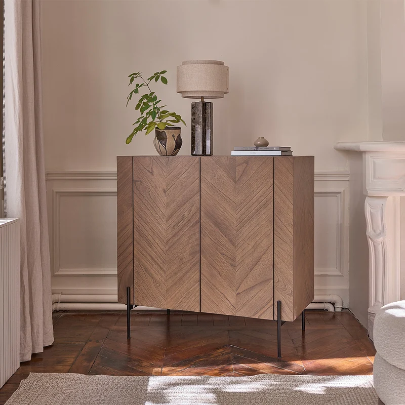Mueble bar de mindi macizo y metal acabado nogal 100 cm