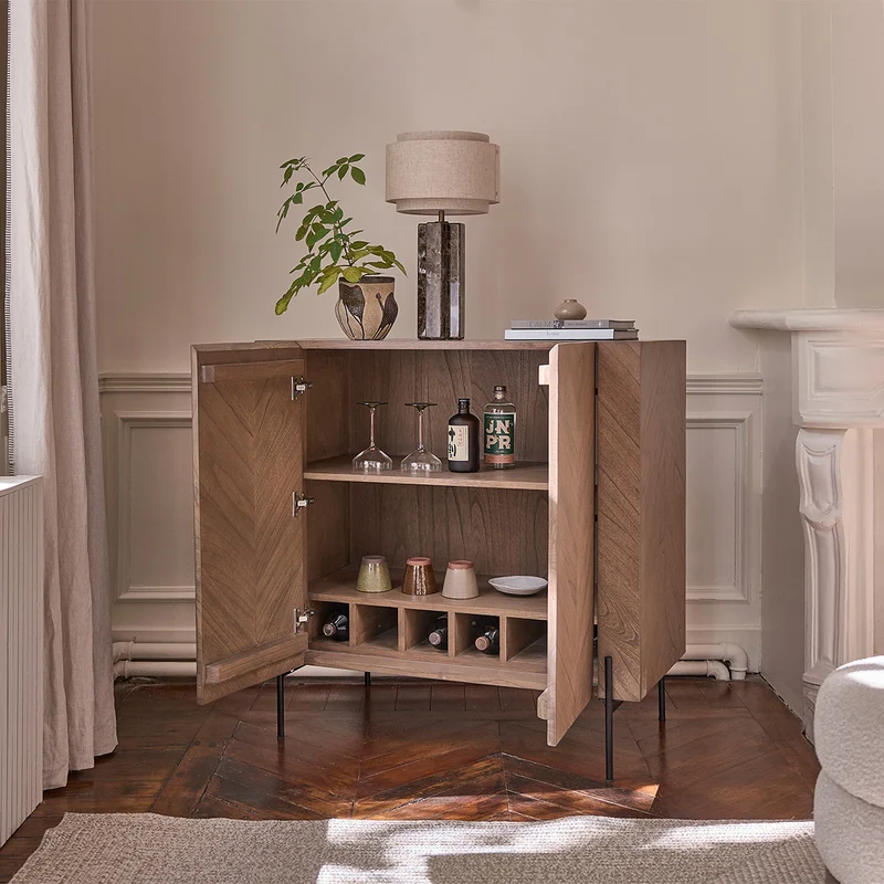 Mueble bar de mindi macizo y metal acabado nogal 100 cm