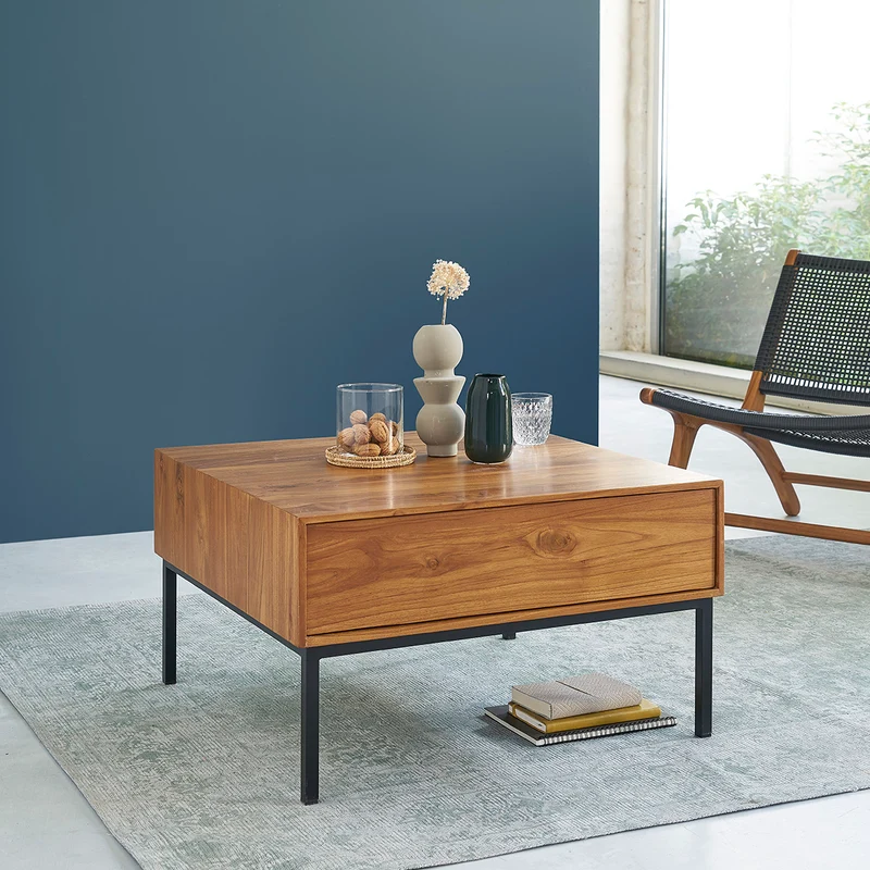 Mesa de centro de teca maciza y metal 70 cm