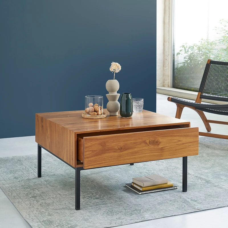 Mesa de centro de teca maciza y metal 70 cm