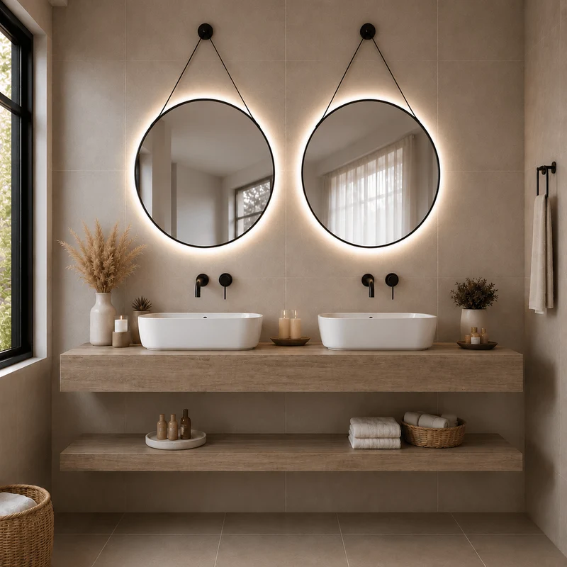 Mueble de baño encimera 2 lavabos 140 + espejos led Mauricio natural