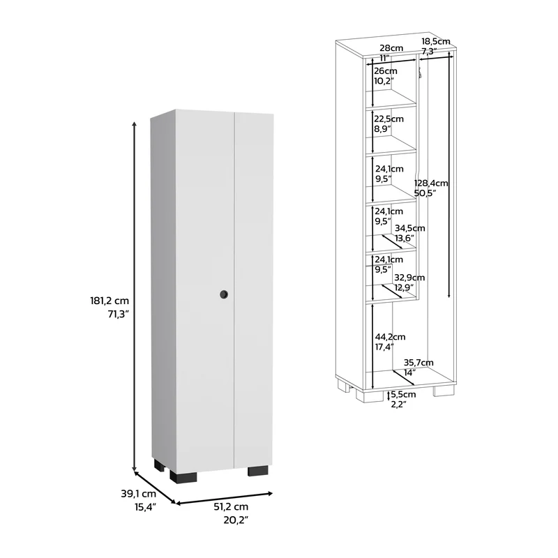 Columna de Baño Lago en melamina con 2 puertas y 6 estantes , blanco , 181.2 cm X 51.2 cm X 39.1 cm
