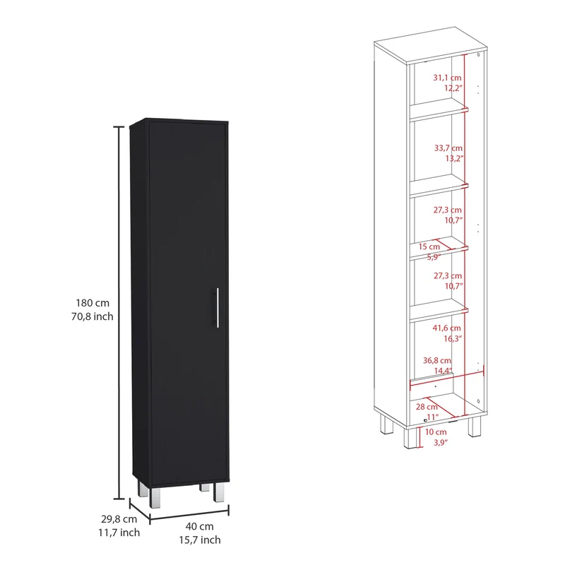 Columna de baño Laska con 5 estantes y 1 puerta , negro , 180 cm X 40 cm X 29.8 cm