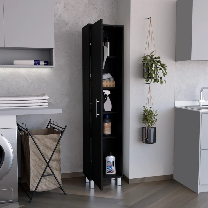Columna de baño Laska con 5 estantes y 1 puerta , negro , 180 cm X 40 cm X 29.8 cm
