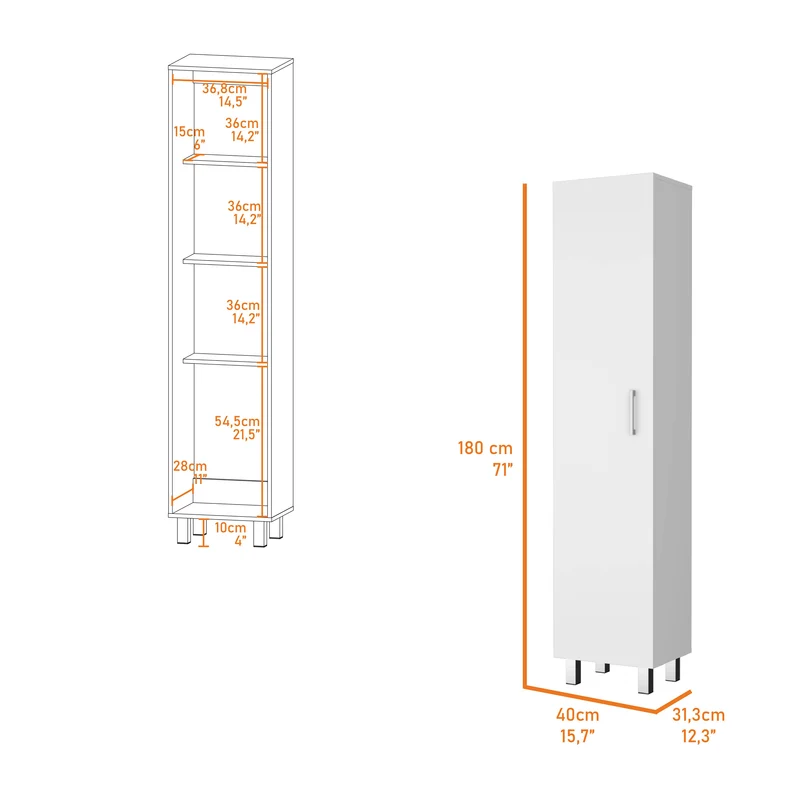 Columna de baño Vintro en melamina con 4 estantes y 1 puerta , blanco , 180 cm X 40 cm X 31.3 cm