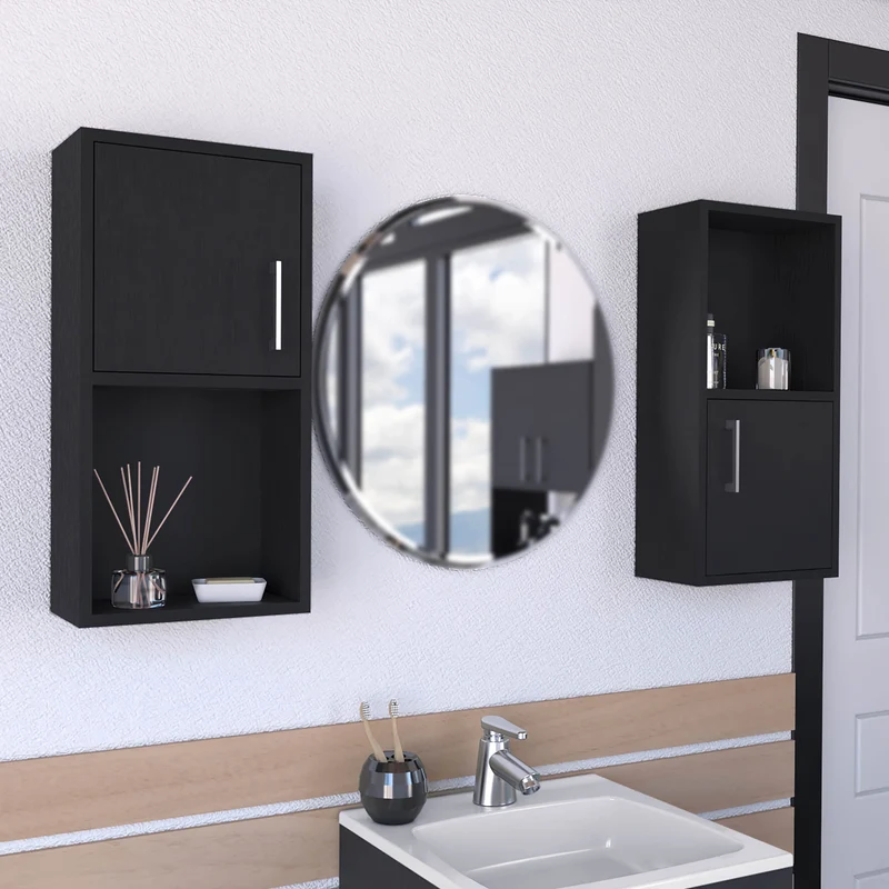 Set de Muebles auxiliares de baño en melamina con 4 estantes y 2 puertas , negro , 60.1 cm X 30 cm X 16 cm