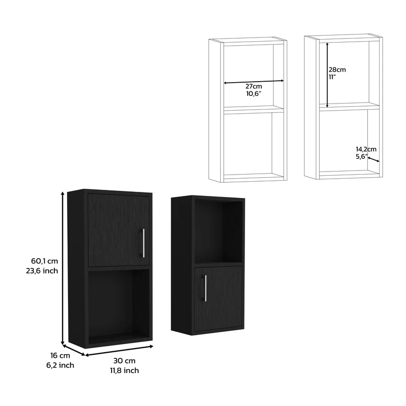 Set de Muebles auxiliares de baño en melamina con 4 estantes y 2 puertas , negro , 60.1 cm X 30 cm X 16 cm