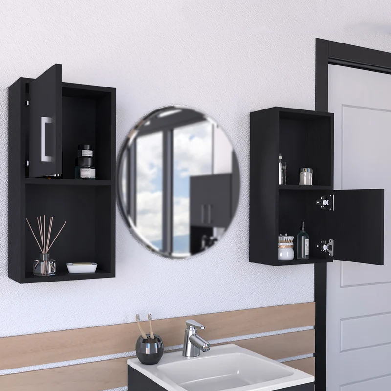 Set de Muebles auxiliares de baño en melamina con 4 estantes y 2 puertas , negro , 60.1 cm X 30 cm X 16 cm