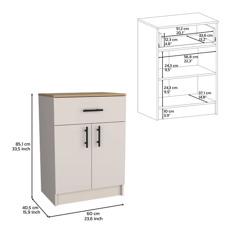 Alacena Mayorca en melamina con 2 puertas , 2 estantes y cajon con rieles metalicos , Blanco / Beige , 85.1 cm X 60 cm X 40.5 cm
