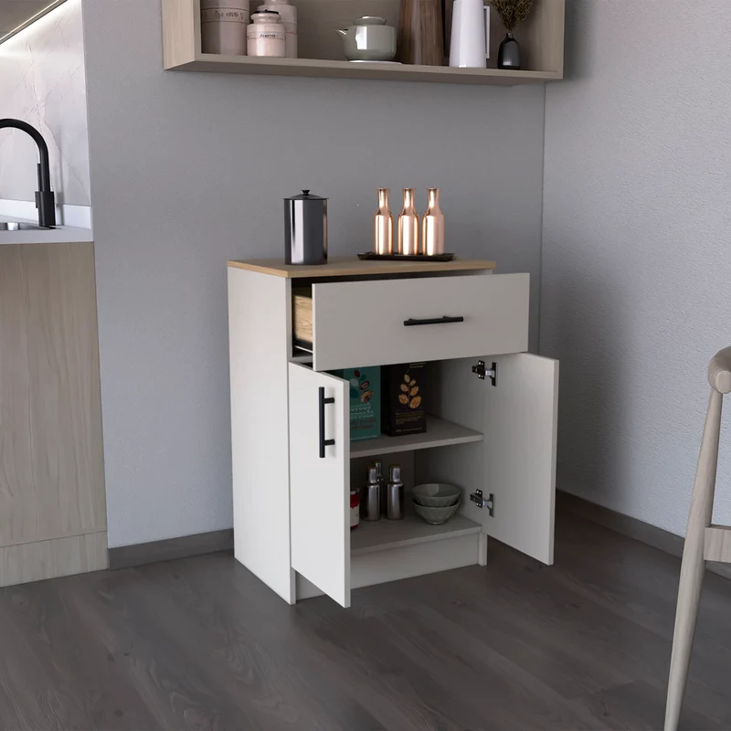 Alacena Mayorca en melamina con 2 puertas , 2 estantes y cajon con rieles metalicos , Blanco / Beige , 85.1 cm X 60 cm X 40.5 cm