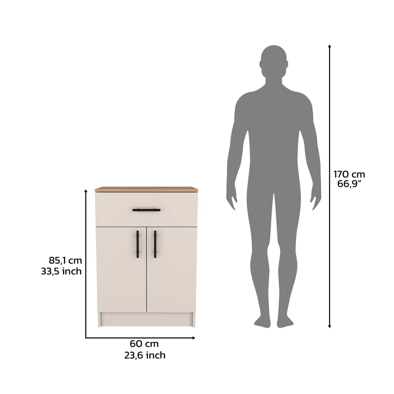 Alacena Mayorca en melamina con 2 puertas , 2 estantes y cajon con rieles metalicos , Blanco / Beige , 85.1 cm X 60 cm X 40.5 cm