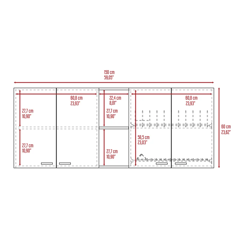 Mueble de pared para cocina Rochet en melamina con 4 gabinetes y 3 estantes