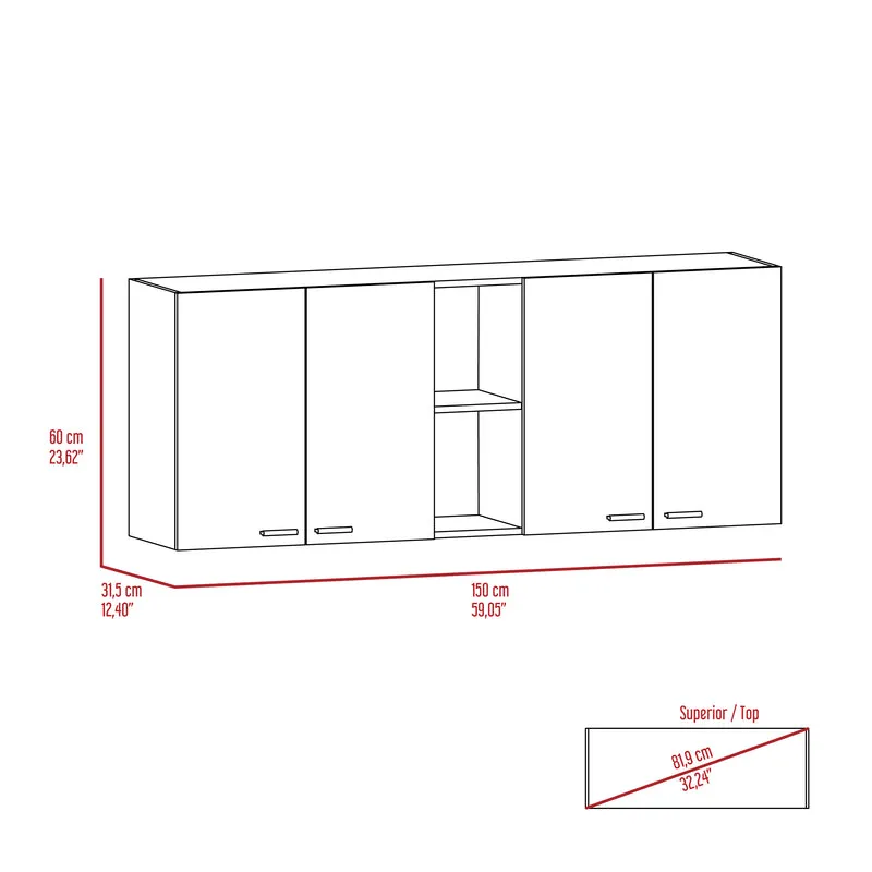 Mueble de pared para cocina Rochet en melamina con 4 gabinetes y 3 estantes
