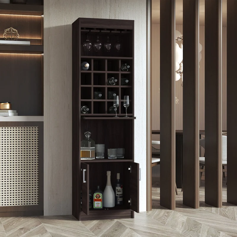 Mueble Bar kava espresso en melamina con Estante para Copas y Gabinete Inferior