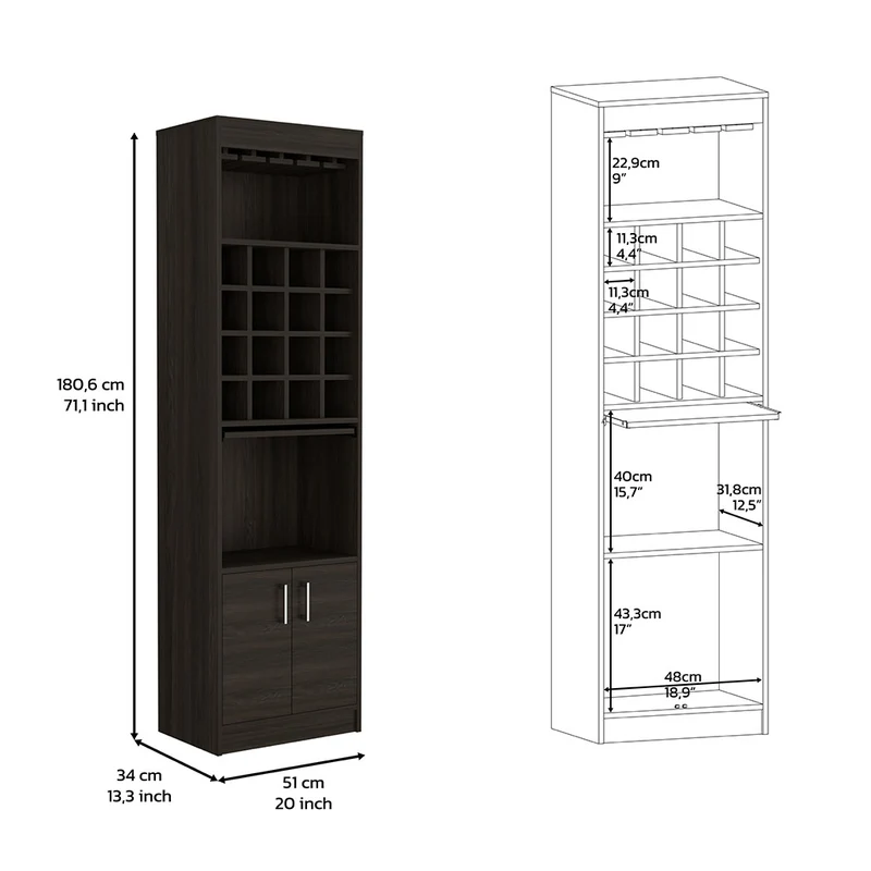 Mueble Bar kava espresso en melamina con Estante para Copas y Gabinete Inferior
