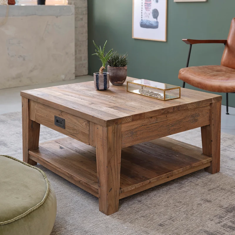 Mesa baja de teca maciza reciclada de 80 cm