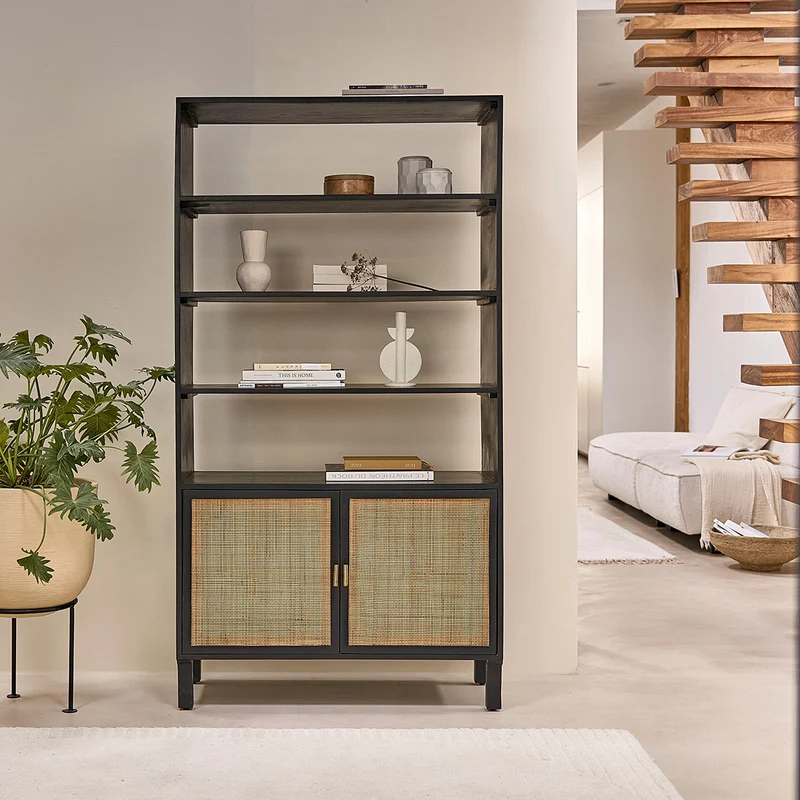 Librería de mango macizo negro y rejilla de 170 cm