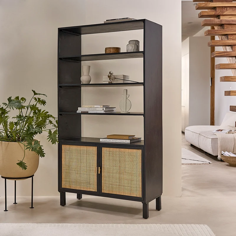 Librería de mango macizo negro y rejilla de 170 cm