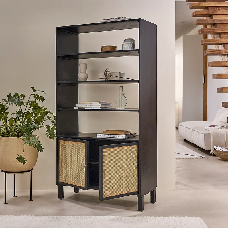 Librería de mango macizo negro y rejilla de 170 cm