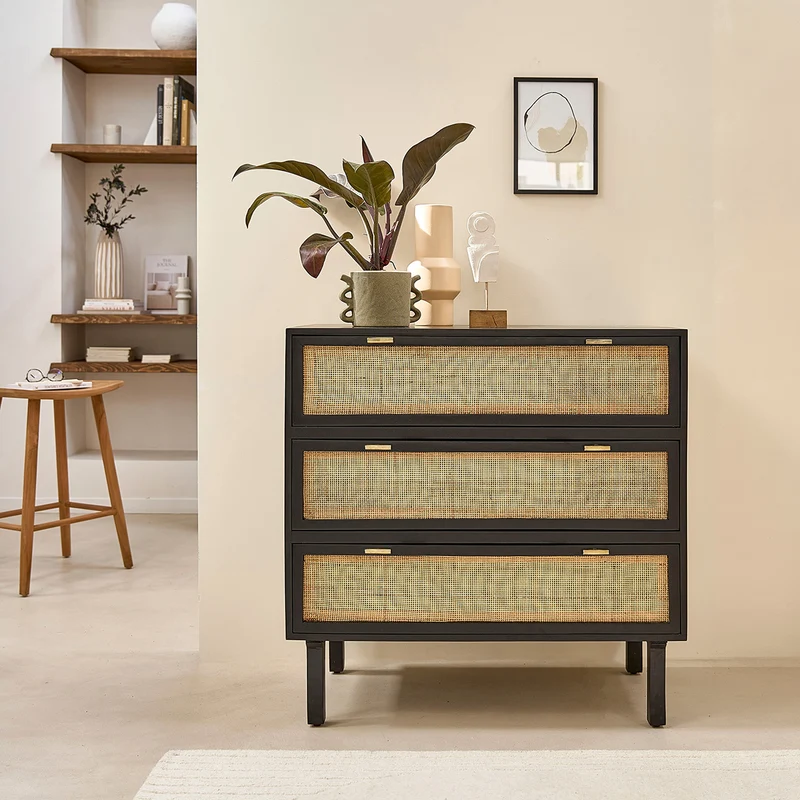 Cómoda de mango macizo y rejilla negra de 90 cm