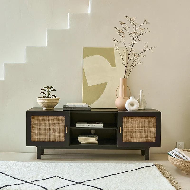 Mueble de TV de mango macizo negro y rejilla de 140 cm