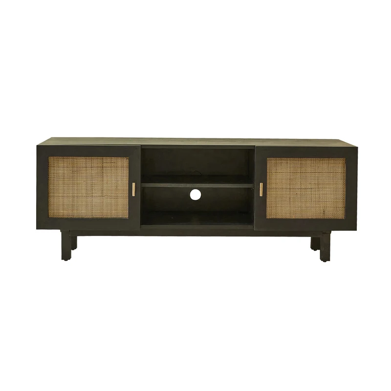 Mueble de TV de mango macizo negro y rejilla de 140 cm