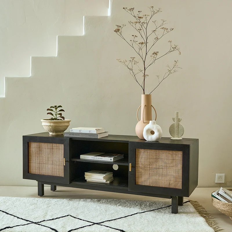 Mueble de TV de mango macizo negro y rejilla de 140 cm