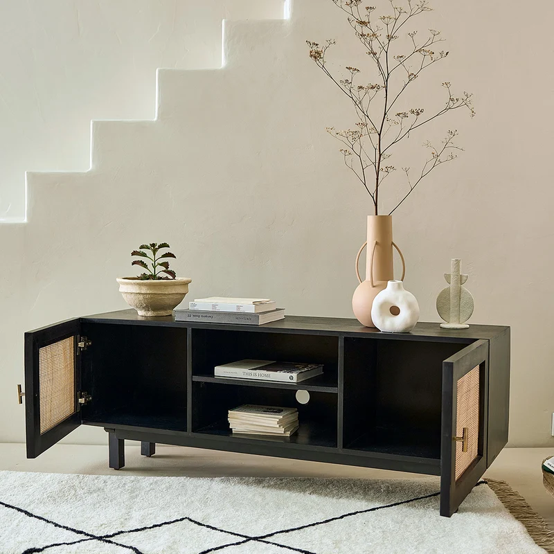 Mueble de TV de mango macizo negro y rejilla de 140 cm