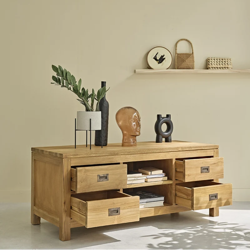 Mueble de TV de teca maciza de 120 cm