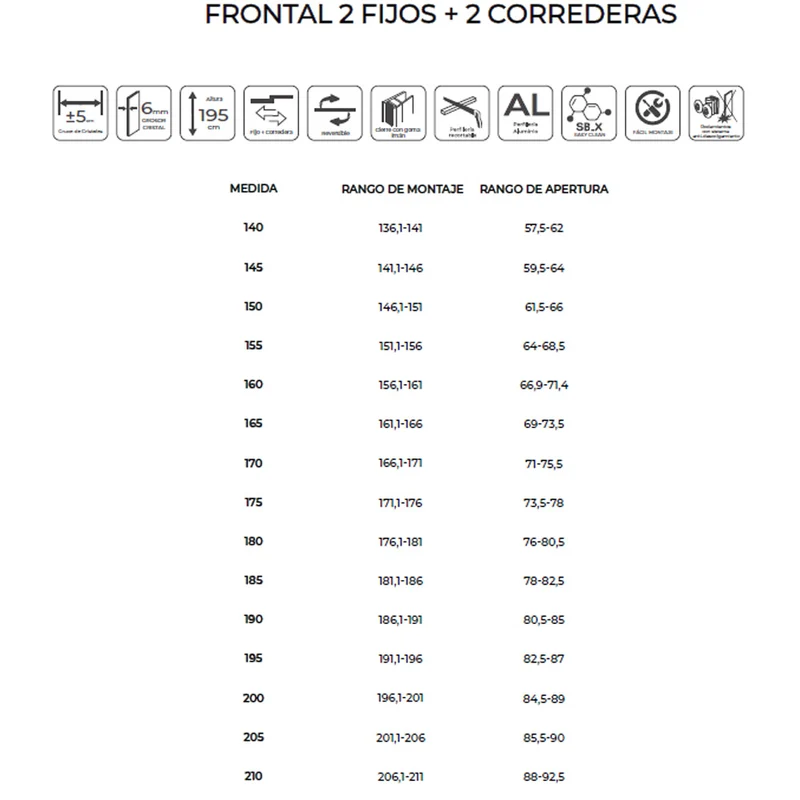 Nevada | Mampara Frontal 2 Fijos + 2 Puertas Corredera | Vidrio Templado 6 mm Antical | Altura 195 cm