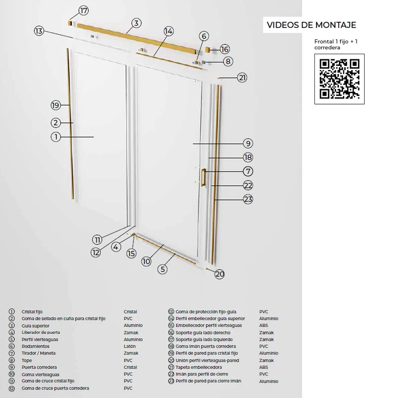 Nevada | Mampara Frontal Corredera 1 Puerta 1 Fijo | Vidrio Templado 6 mm Antical | Altura 195 cm