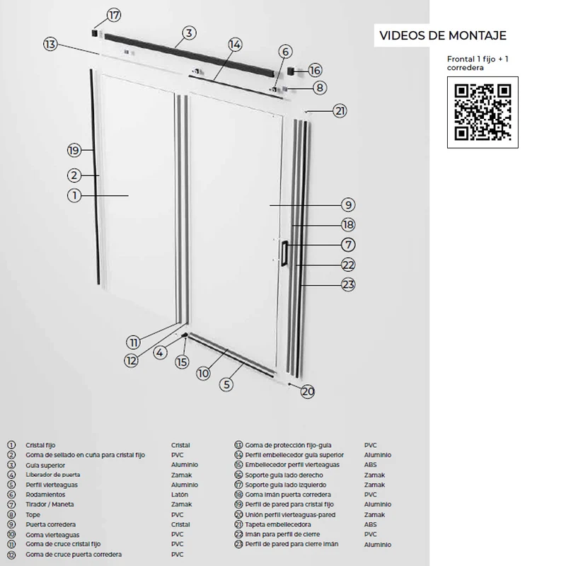 Nevada | Mampara Frontal Corredera 1 Puerta 1 Fijo | Vidrio Templado 6 mm Antical | Altura 195 cm