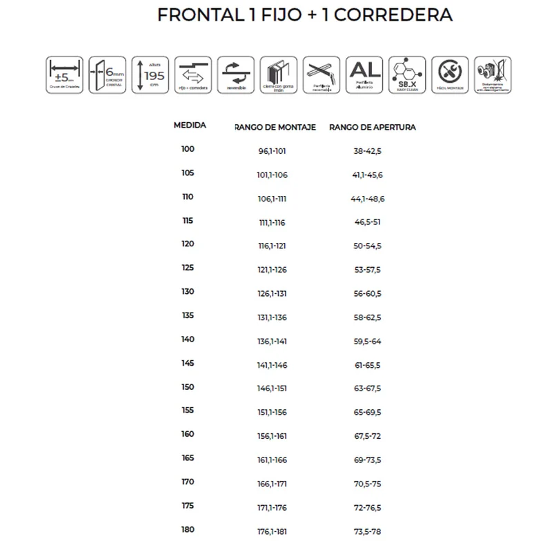 Nevada | Mampara Frontal Corredera 1 Puerta 1 Fijo | Vidrio Templado 6 mm Antical | Altura 195 cm