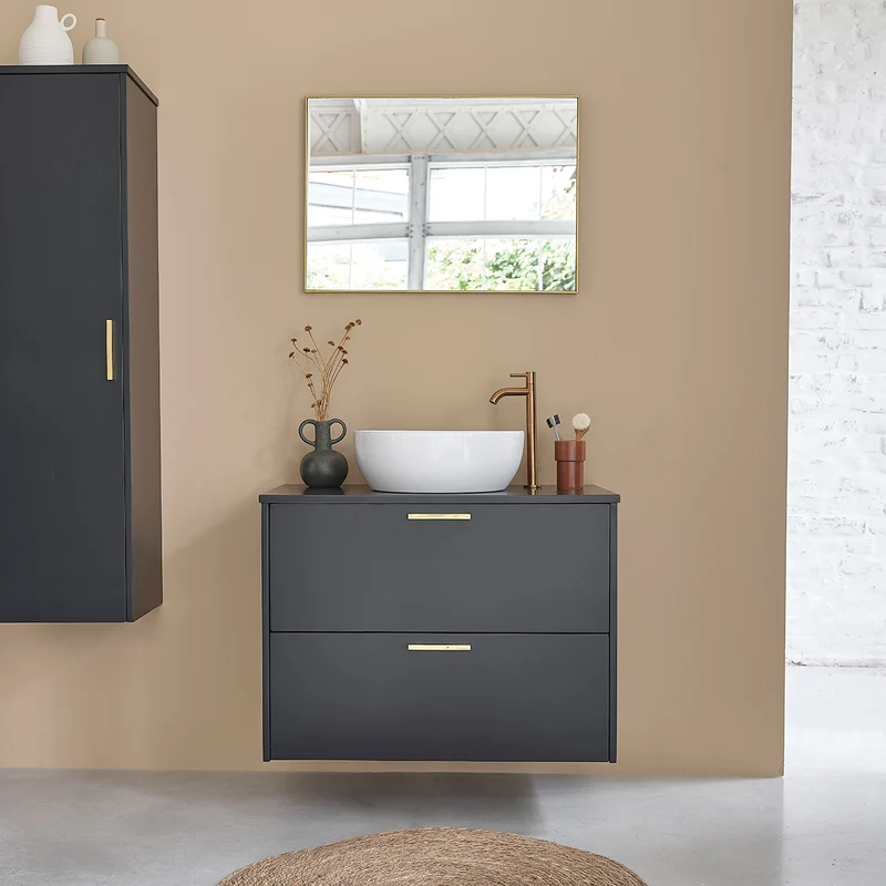 Mueble suspendido para lavabo de acacia maciza negra de 80 cm