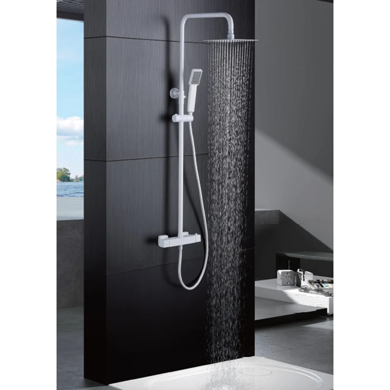 Denver | Columna de ducha con grifo termostatico | Rociador Cuadrado acero inox. S.304 20x20 cm | Extraplano Antical