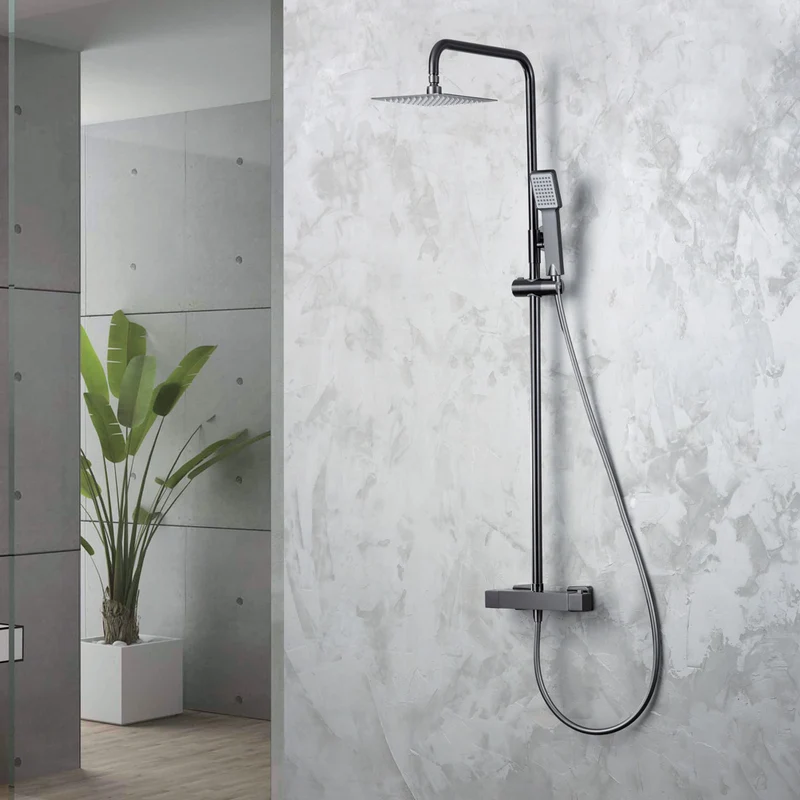 Denver | Columna de ducha con grifo termostatico | Rociador Cuadrado acero inox. S.304 20x20 cm | Extraplano Antical