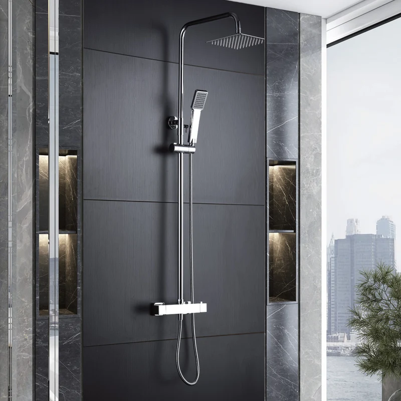 Denver | Columna de ducha con grifo termostatico | Rociador Cuadrado acero inox. S.304 20x20 cm | Extraplano Antical