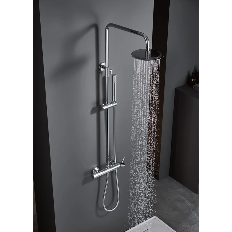 Chicago | Columna de ducha con grifo termostatico | Rociador Redondo acero inox. S.304 Ø20 cm | Extraplano Antical