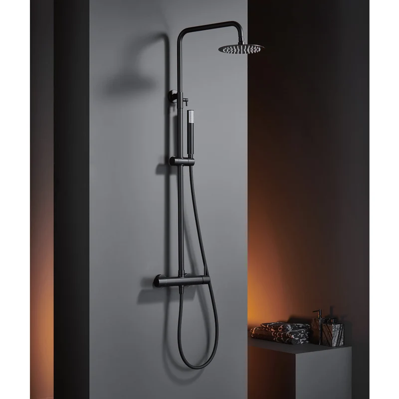 Chicago | Columna de ducha con grifo termostatico | Rociador Redondo acero inox. S.304 Ø20 cm | Extraplano Antical