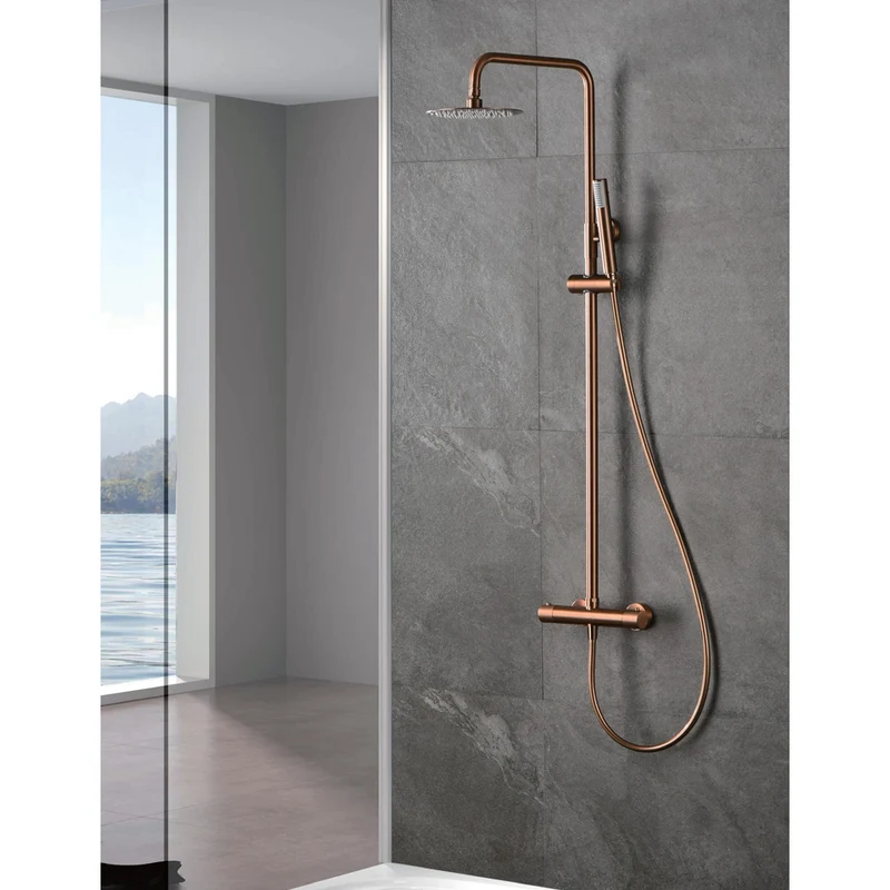 Chicago | Columna de ducha con grifo termostatico | Rociador Redondo acero inox. S.304 Ø20 cm | Extraplano Antical
