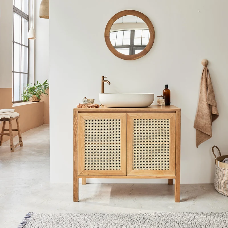 Mueble de lavabo de teca maciza y rejilla 90 cm